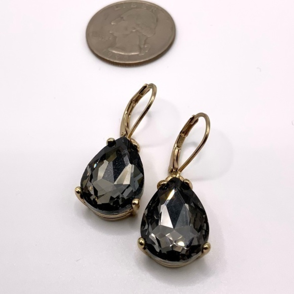 Smokey Gray Tear Drop Beveled Crystal Set In Gold 1” Dangle Earrings